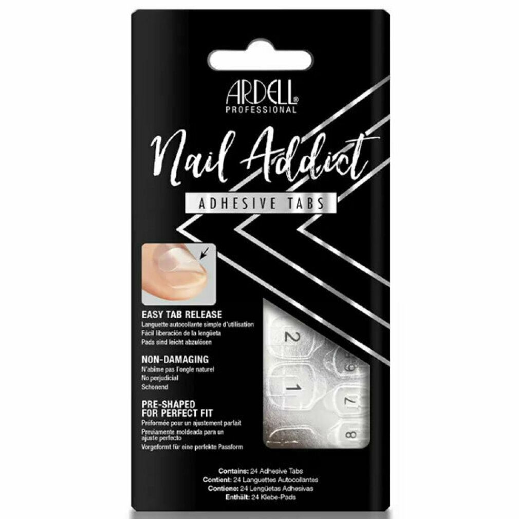 Ardell Nail Addict Adhesive Tabs. Confezione nera con immagine e testo del prodotto. Contiene 24 linguette adesive.