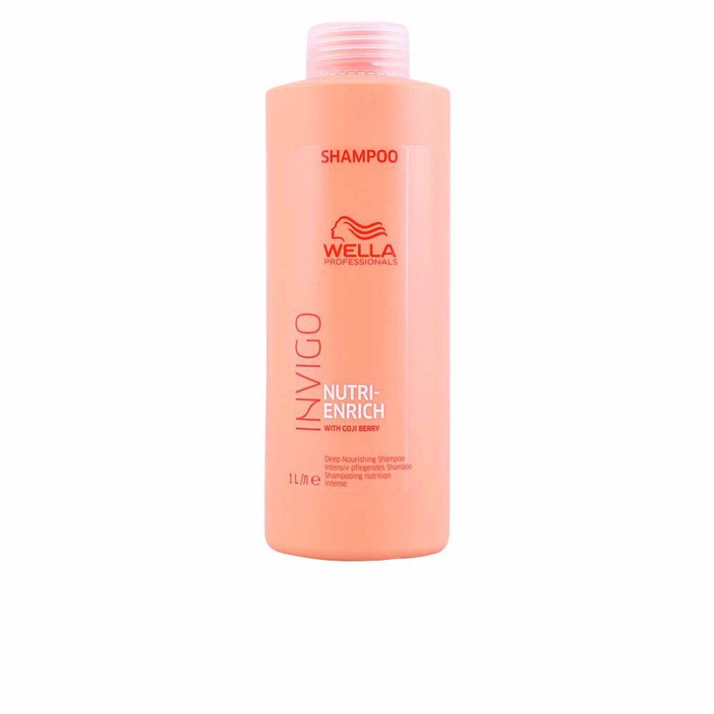 Shampoo Wella Invigo Nutri-Enrich. Flacone arancione con tappo rosa. Scritte: Invigo, Nutri-Enrich, Shampoo, 1L.