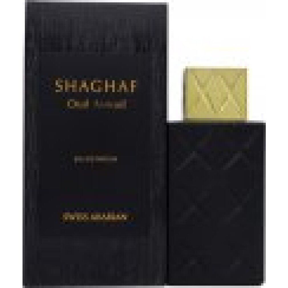 Flacone nero, tappo dorato, scatola nera. Testo: SHAGHAF Oud Aswad, SWISS ARABIAN.