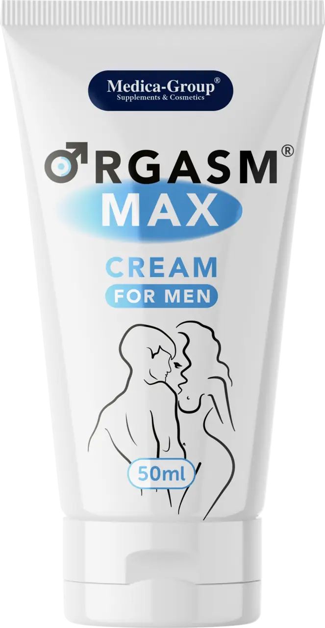 Tubo di crema. Scritta: ORGASM MAX CREAM FOR MEN. Illustrazione: uomo e donna. 50ml. Medica-Group.
