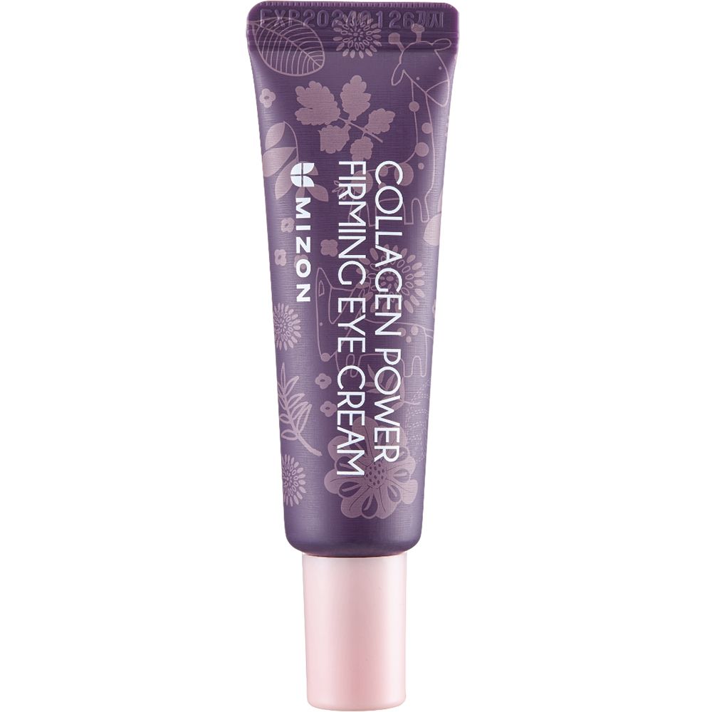 Tubo lilla con motivi floreali. Stampato: Collagen Power Firming Eye Cream. Marchio MIZON.