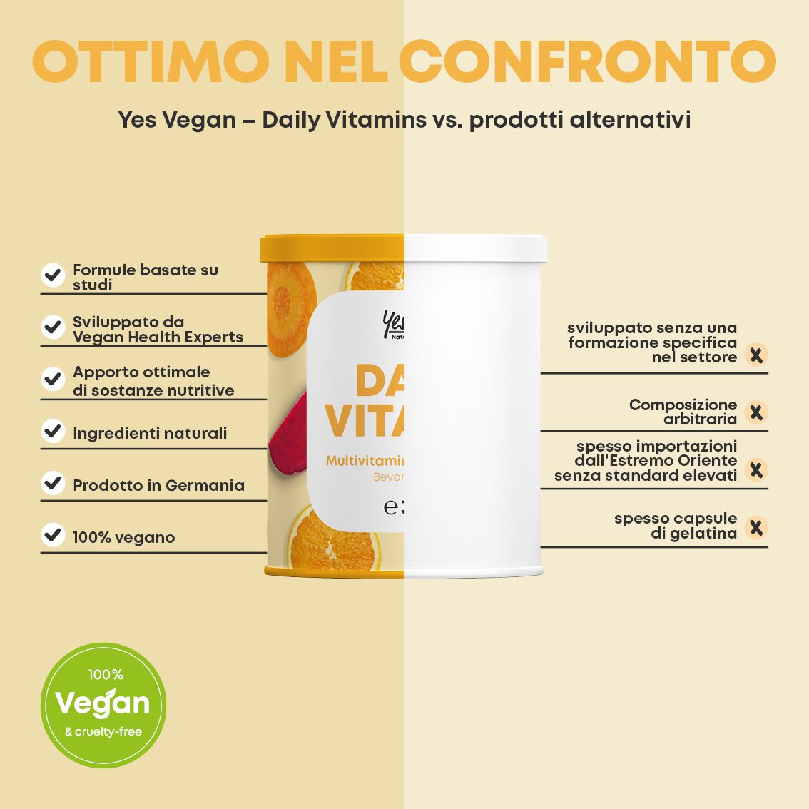 Confronto polvere vitaminica con prodotti alternativi. Barattolo di polvere vitaminica. Sigillo vegano.