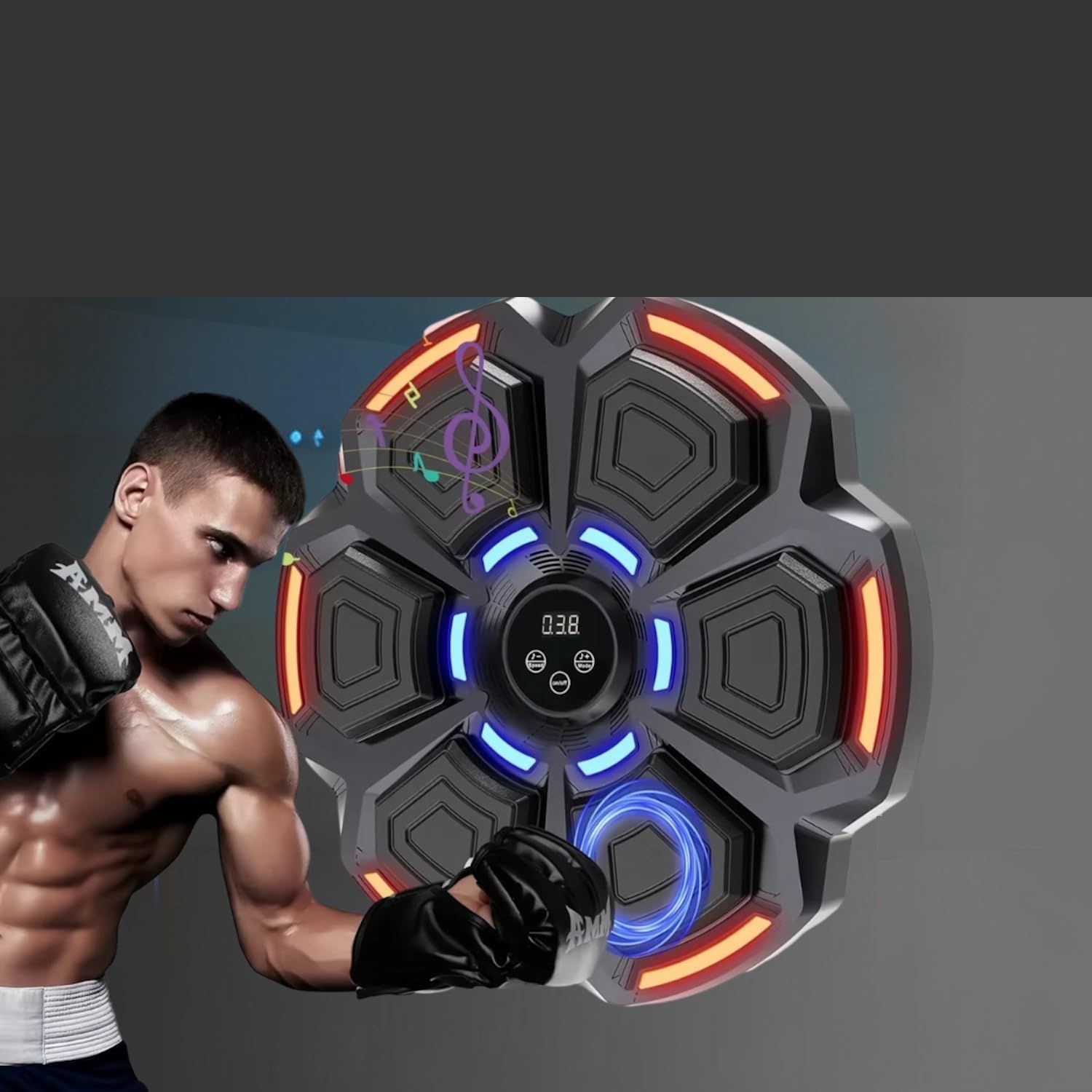 Dispositivo fitness rotondo nero con luci LED. Un uomo boxa contro il dispositivo. Indossa guantoni.
