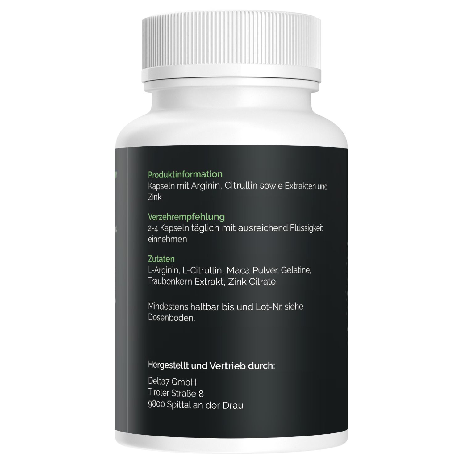 Retro del contenitore capsule Heraxil: informazioni prodotto, raccomandazione d'uso, ingredienti, produttore.