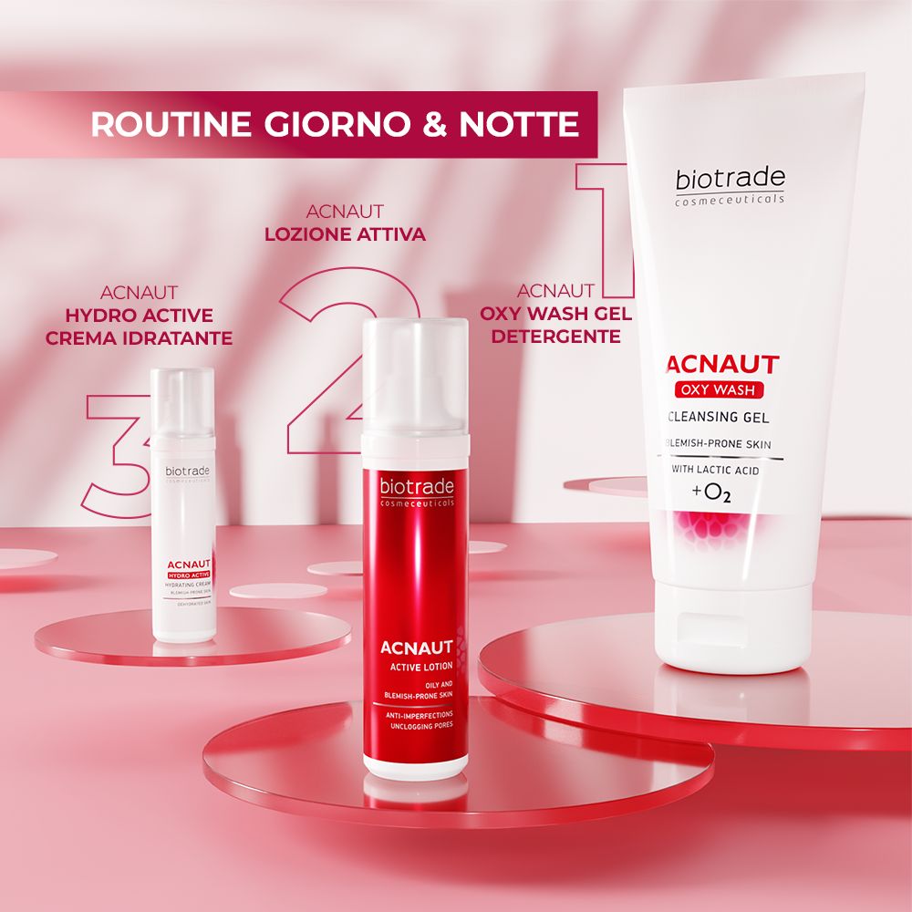 Tre prodotti. Testo: Acnaut Hydro Active Crema, Acnaut Active Lotion, Acnaut Oxy Wash Gel Detergente.