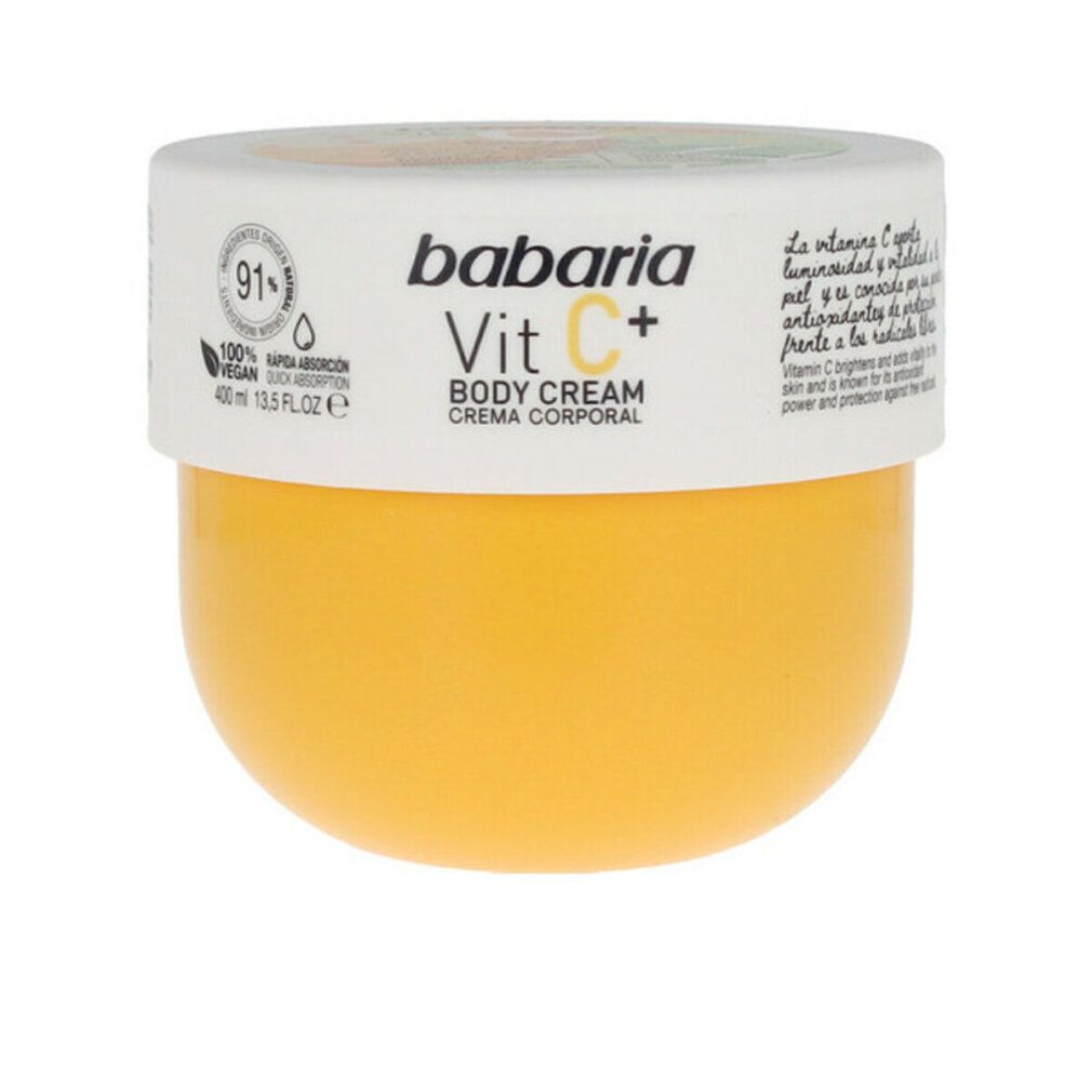 Barattolo di crema giallo con coperchio bianco. Scritta: babaria Vit C+ Body Cream. Sigillo vegano.