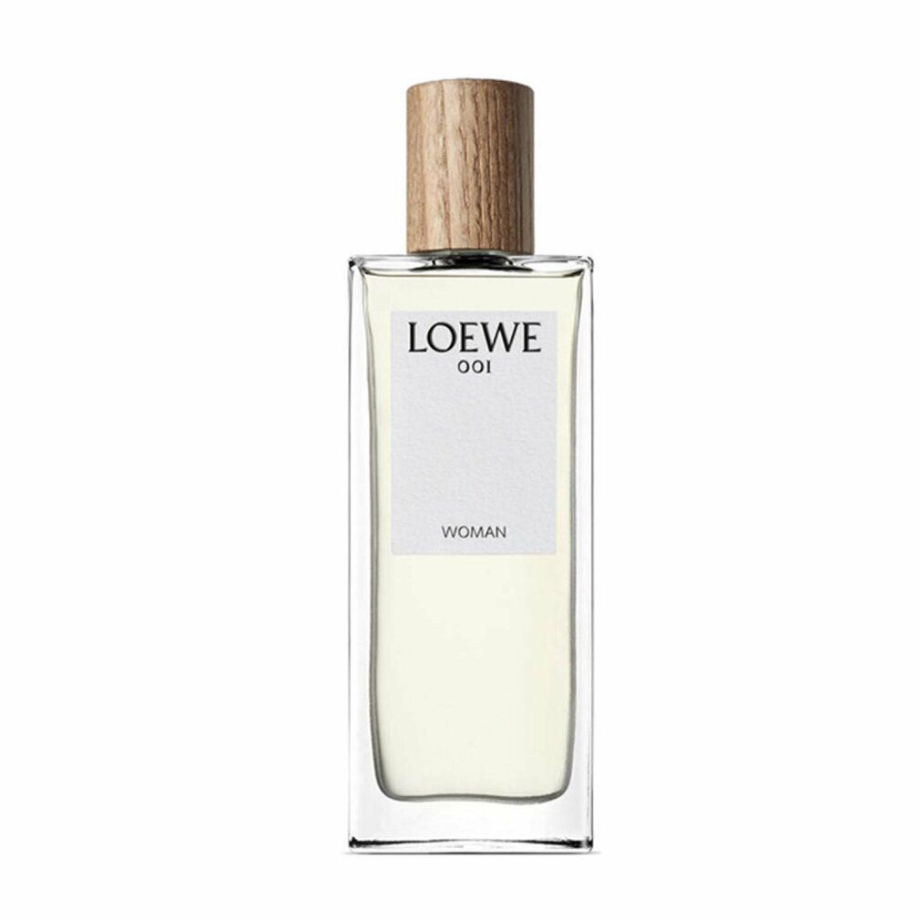 Loewe 001 Woman Edp Spray. Flacone rettangolare in vetro con tappo in legno. Scritta: LOEWE 001, WOMAN.