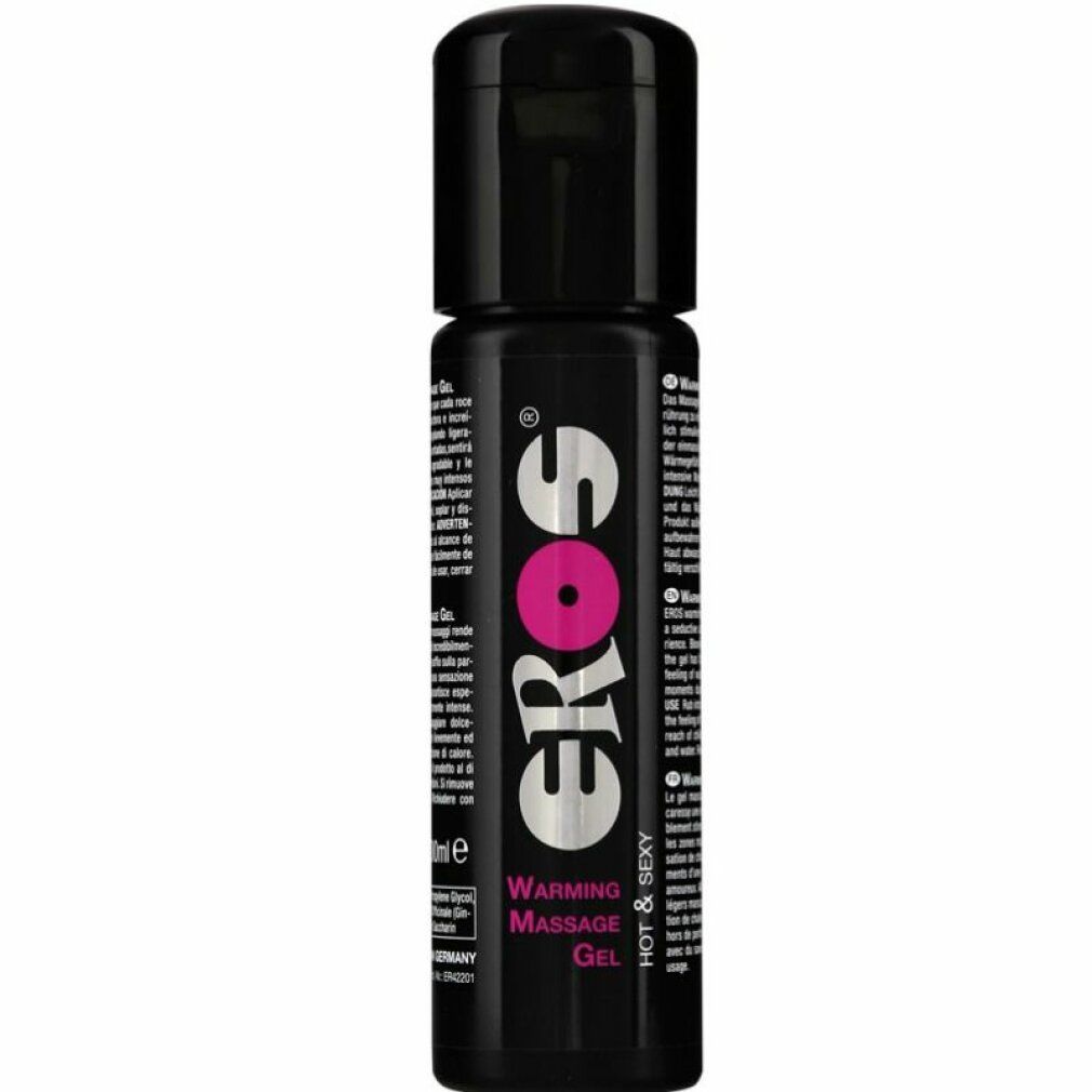 Flacone nero con logo "EROS" e testo. Visibili "Warming Massage Gel" e "Hot & Sexy". Etichetta prodotto con testo.