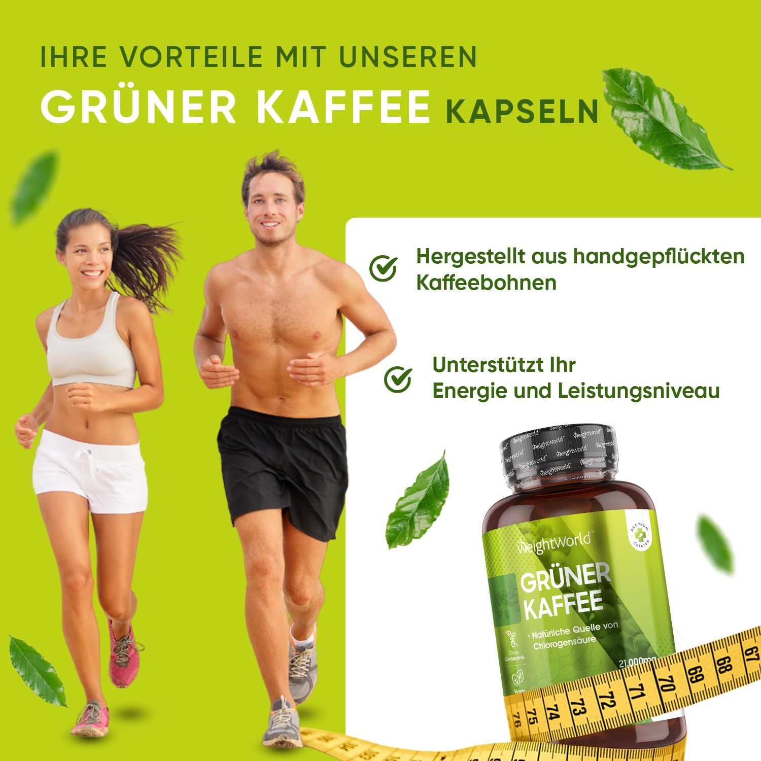 Pubblicità con persone e flacone. Flacone: WeightWorld Caffè Verde, 21.000mg. Le persone corrono e tengono delle foglie.