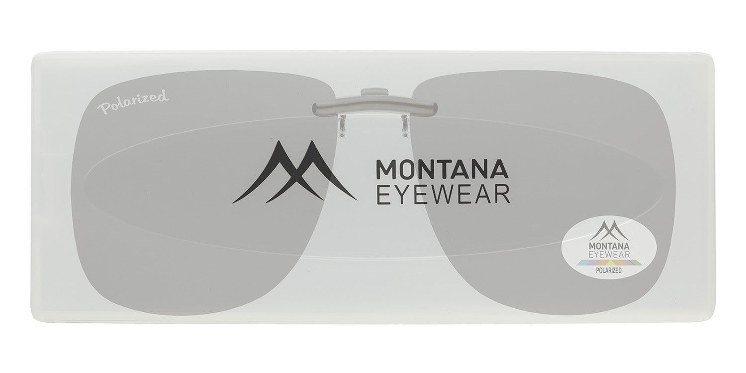 Clip-on per occhiali da sole in custodia trasparente. Logo Montana Eyewear e indicazione di polarizzazione. Forma rettangolare.