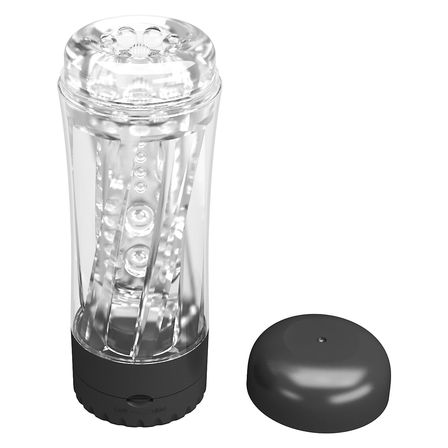 Dispositivo cilindrico trasparente con base nera e coperchio. Struttura interna visibile.