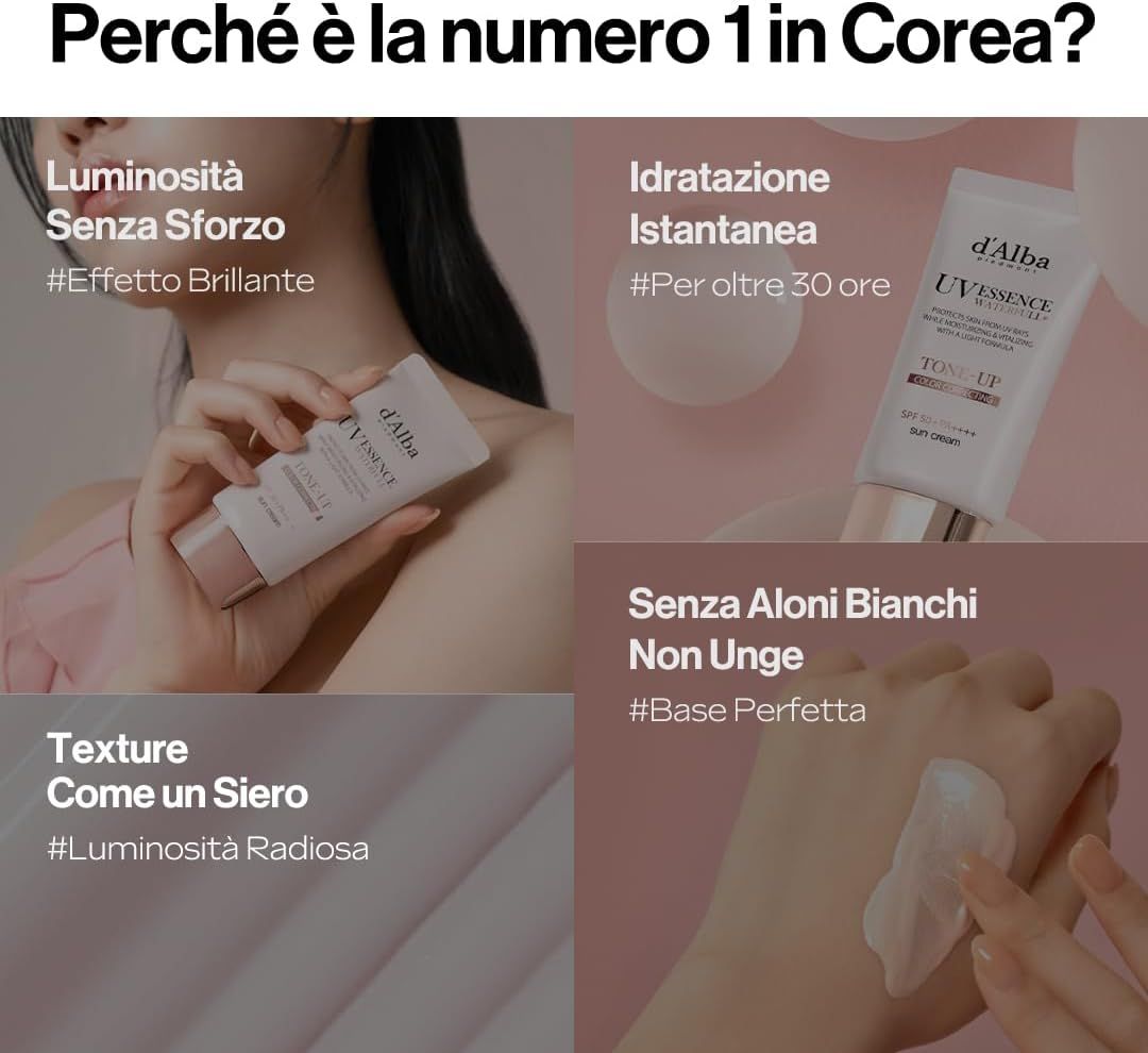 d'Alba UV Essence Waterfull Tone-up Sunscreen. Prodotto in mano, testo: Luminosità Senza Sforzo, Idratazione Istantanea, Senza Aloni Bianchi, Non Unge.