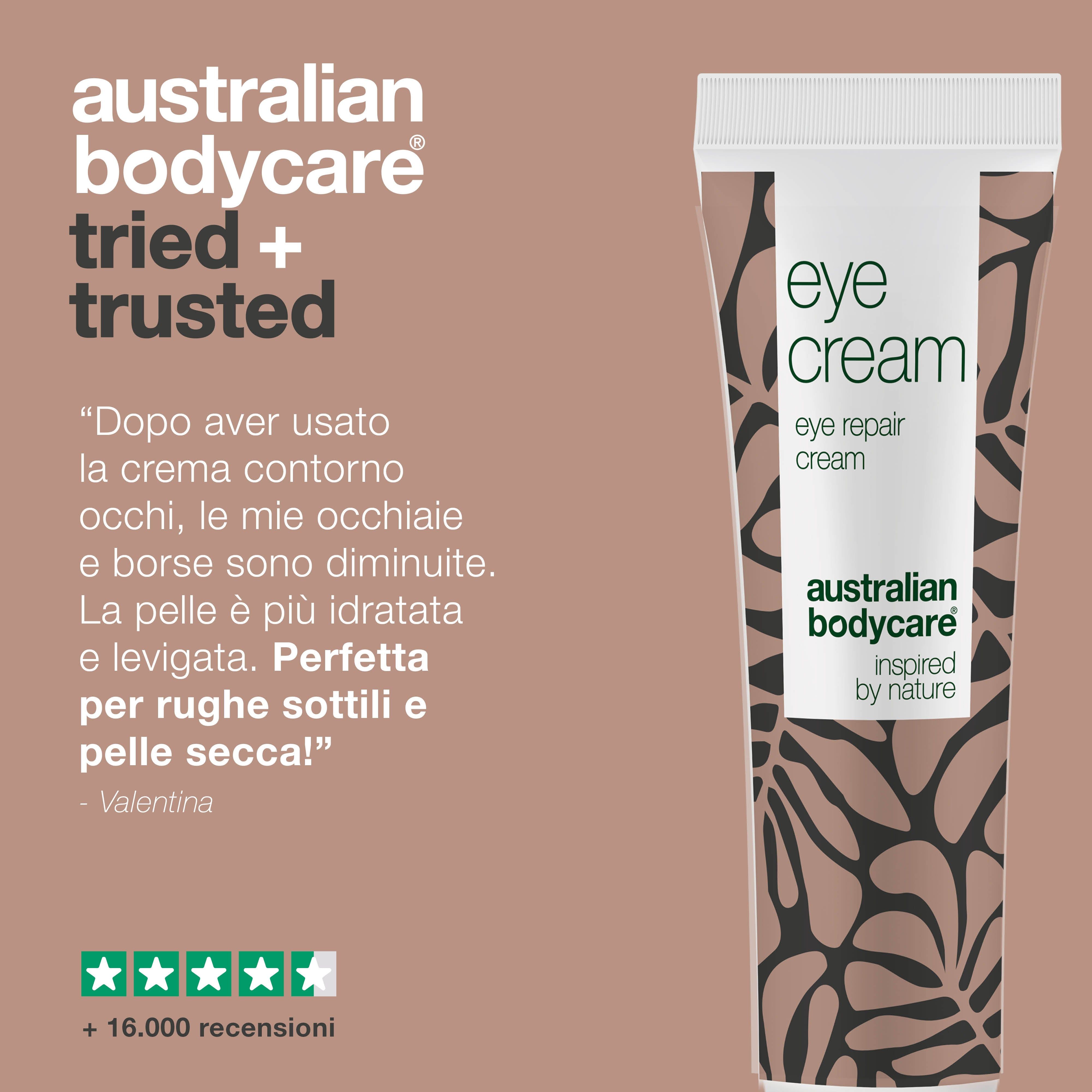 Annuncio: Australian Bodycare. Tubo crema occhi. Citazione: occhiaie e borse ridotte. Valutazione.