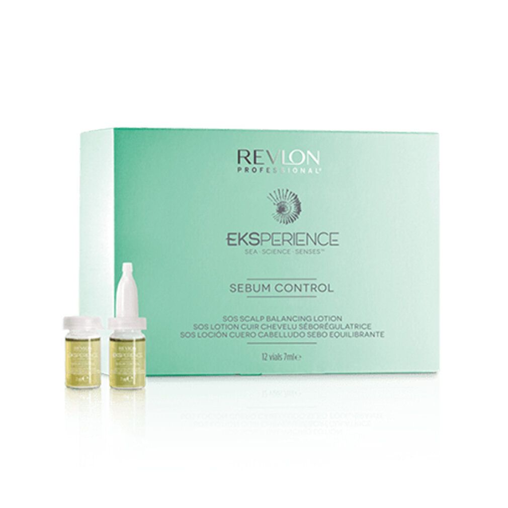 Scatola verde con 12 fiale e due accanto. Scritto 'Revlon Eksperience Sebum Control'.
