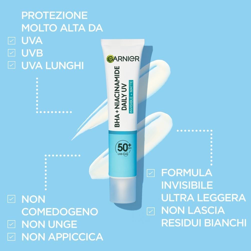 Garnier Hautklar BHA + Niacinamide Daily UV. Tubo con prodotto. Testo: Altissima protezione UV, non comedogenico, non grasso, non oleoso.