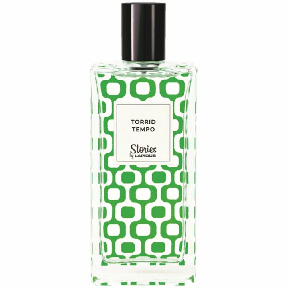 Flacone rettangolare con motivo verde e tappo nero. Testo: Torrid Tempo, Stories by Lapidus. Scritta su sfondo bianco.