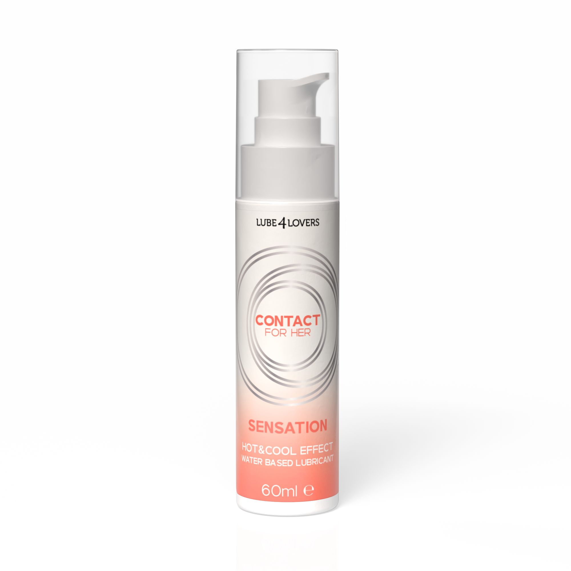 Flacone bianco-rosa con dosatore. Scritta: CONTACT FOR HER, SENSATION, HOT & COOL EFFECT, 60ml.