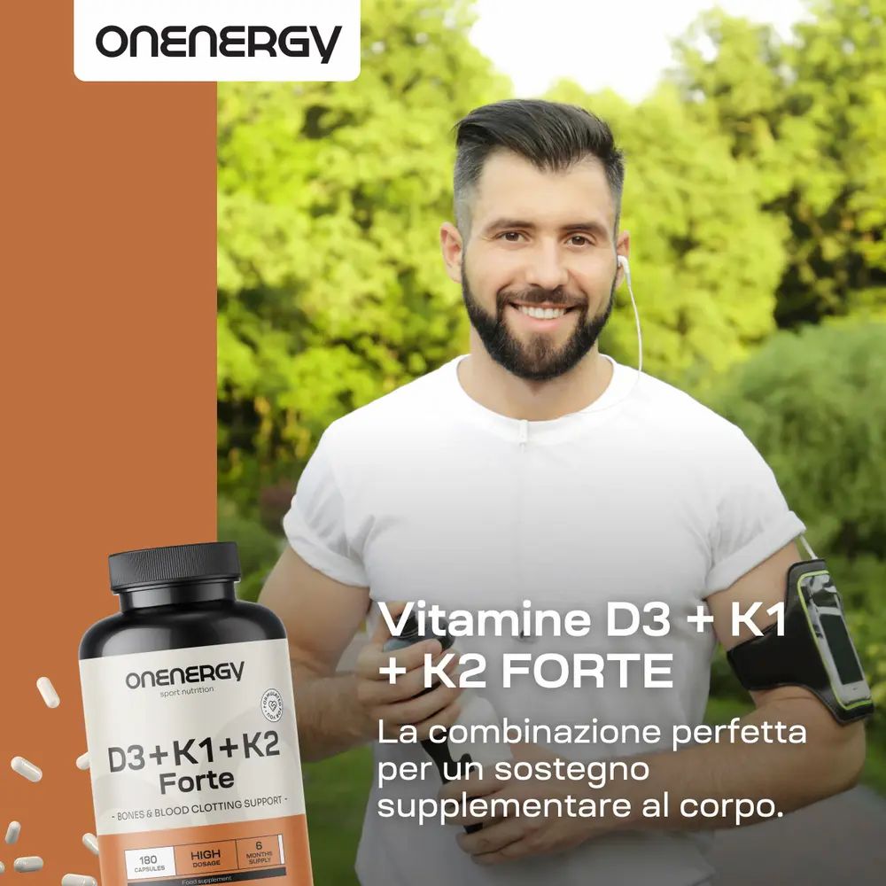 Flacone D3+K1+K2 Forte. Testo: Vitamine D3 + K1 + K2 FORTE. 180 capsule. Vantaggi.