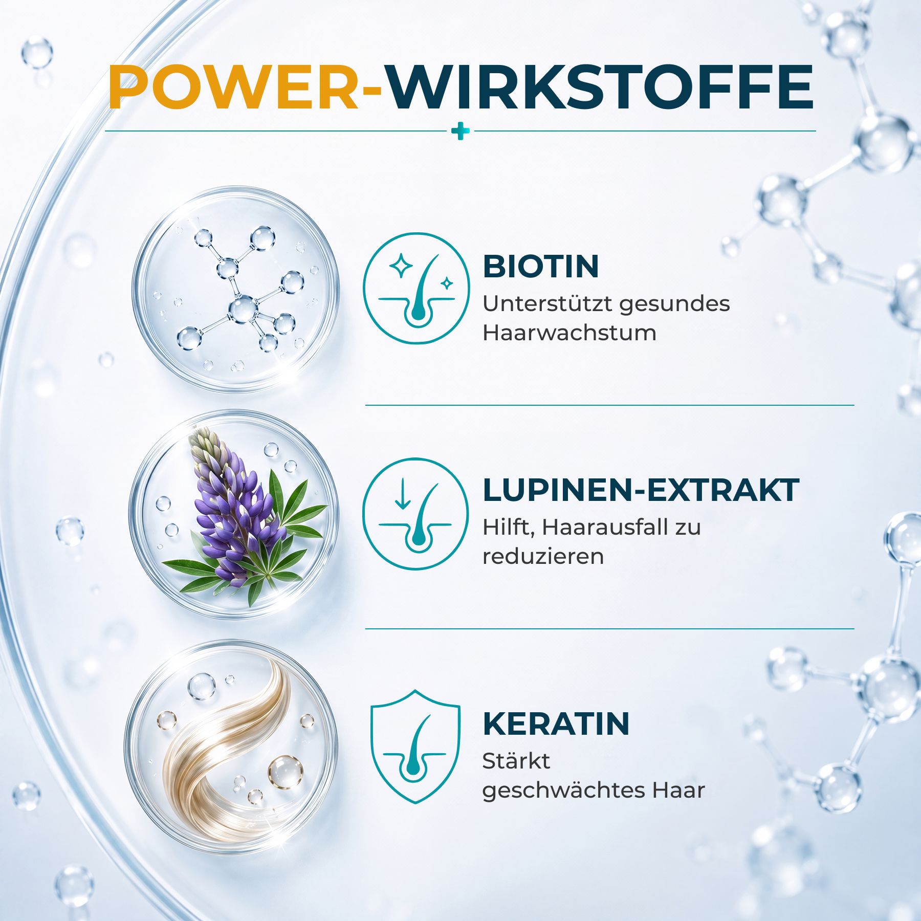 INGREDIENTI ATTIVI POTENTI: Biotina per una sana crescita dei capelli, estratto di lupino contro la caduta dei capelli, cheratina per capelli rinforzati.