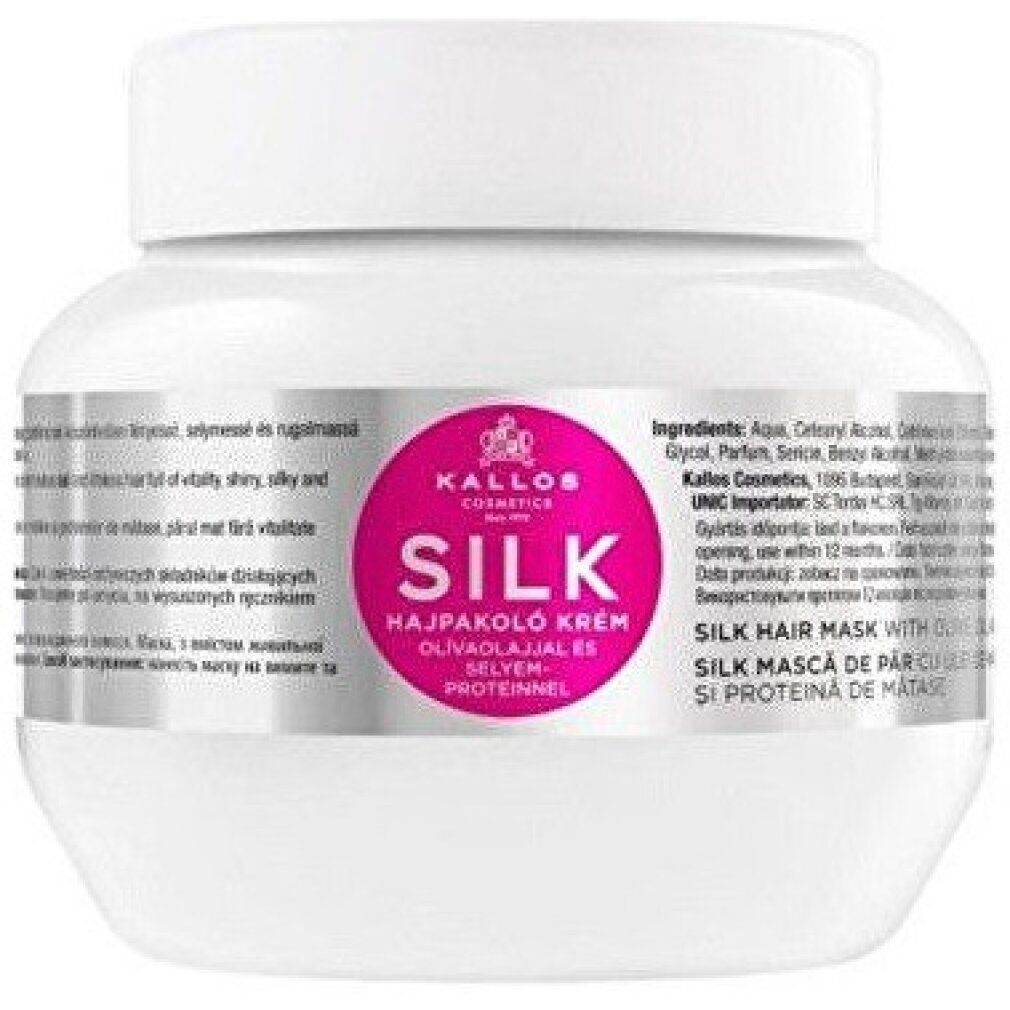 Vasetto bianco con etichetta rosa. Testo: Kallos Cosmetics, Silk, maschera per capelli con olio d'oliva e proteine della seta.