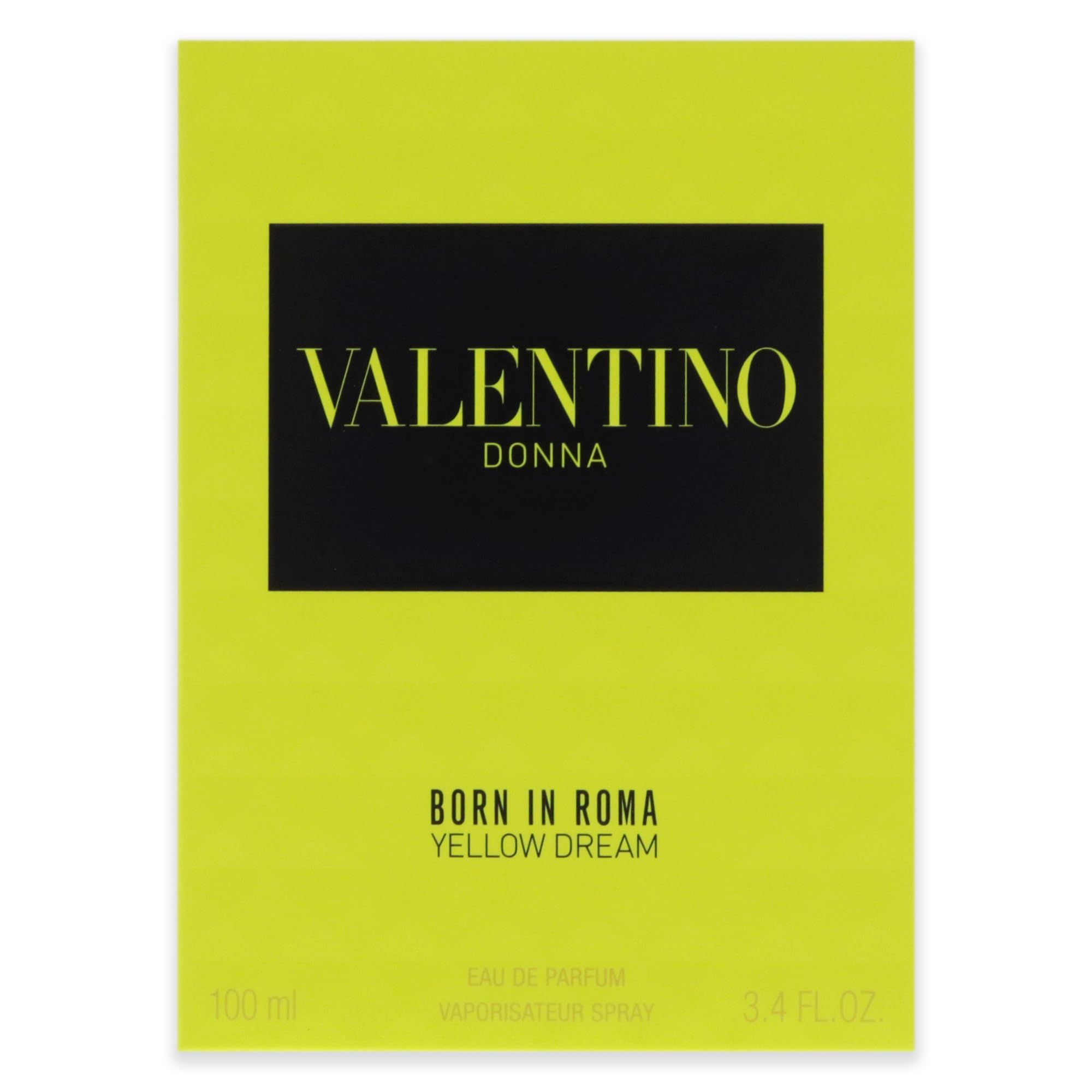 Confezione gialla con rettangolo nero e scritta Valentino. Testo Born in Roma Yellow Dream.