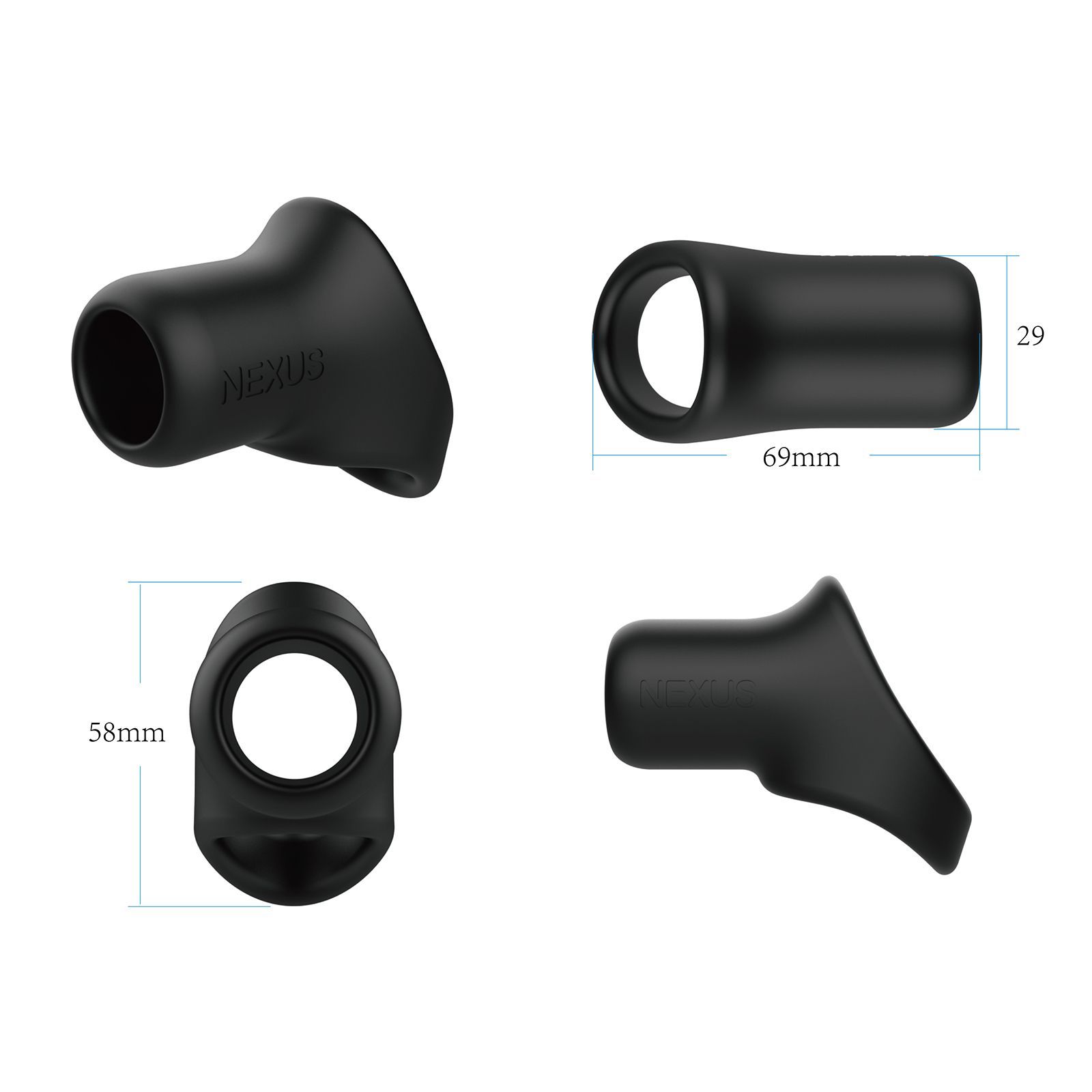 Quattro viste di un prodotto nero. Dimensioni: 69x29mm, 58mm.