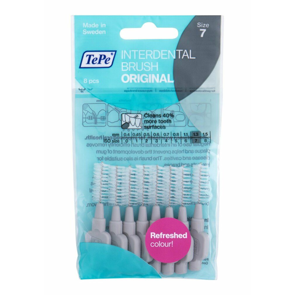 Confezione da 8 scovolini interdentali TePe, misura 7, grigi. Confezione con informazioni e diagrammi del prodotto.