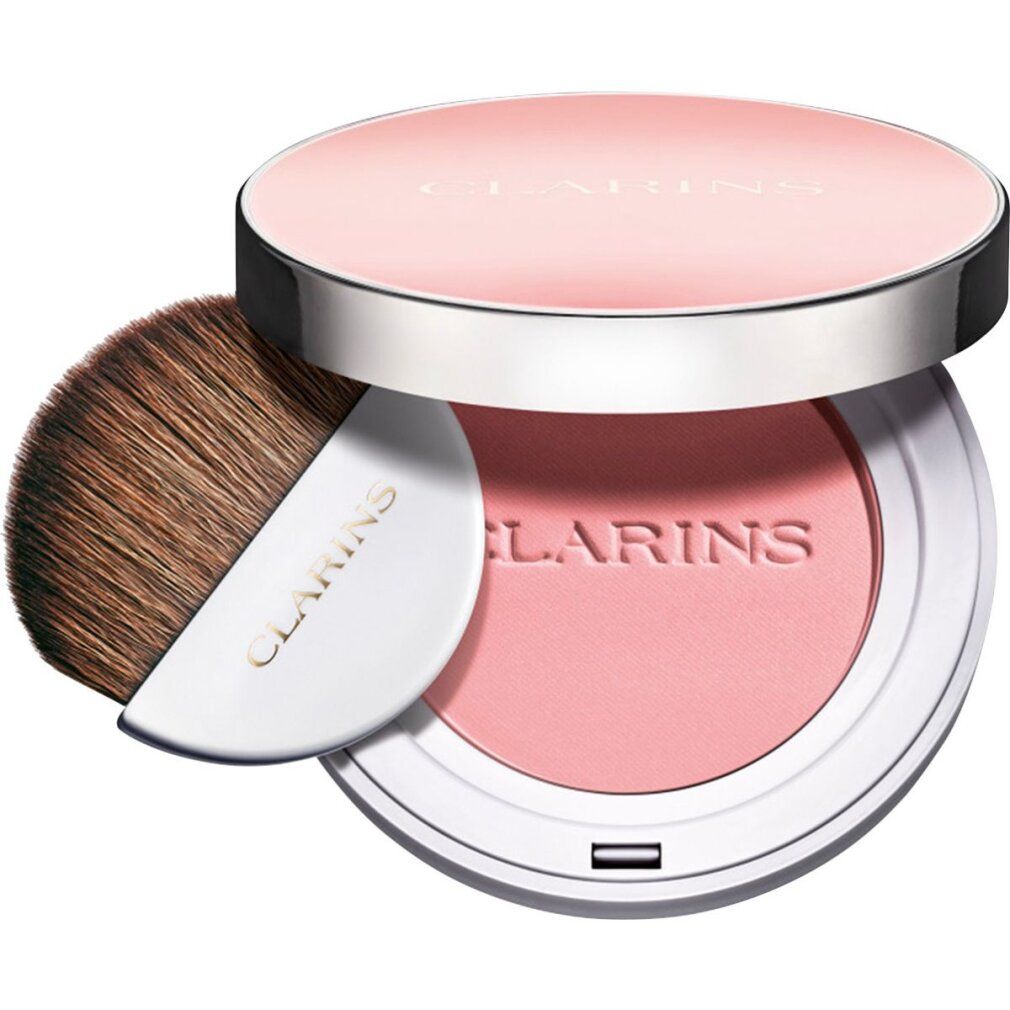 Fard Clarins rosa, con pennello. Coperchio con logo. Pennello e polvere con logo. Contenitore bianco.