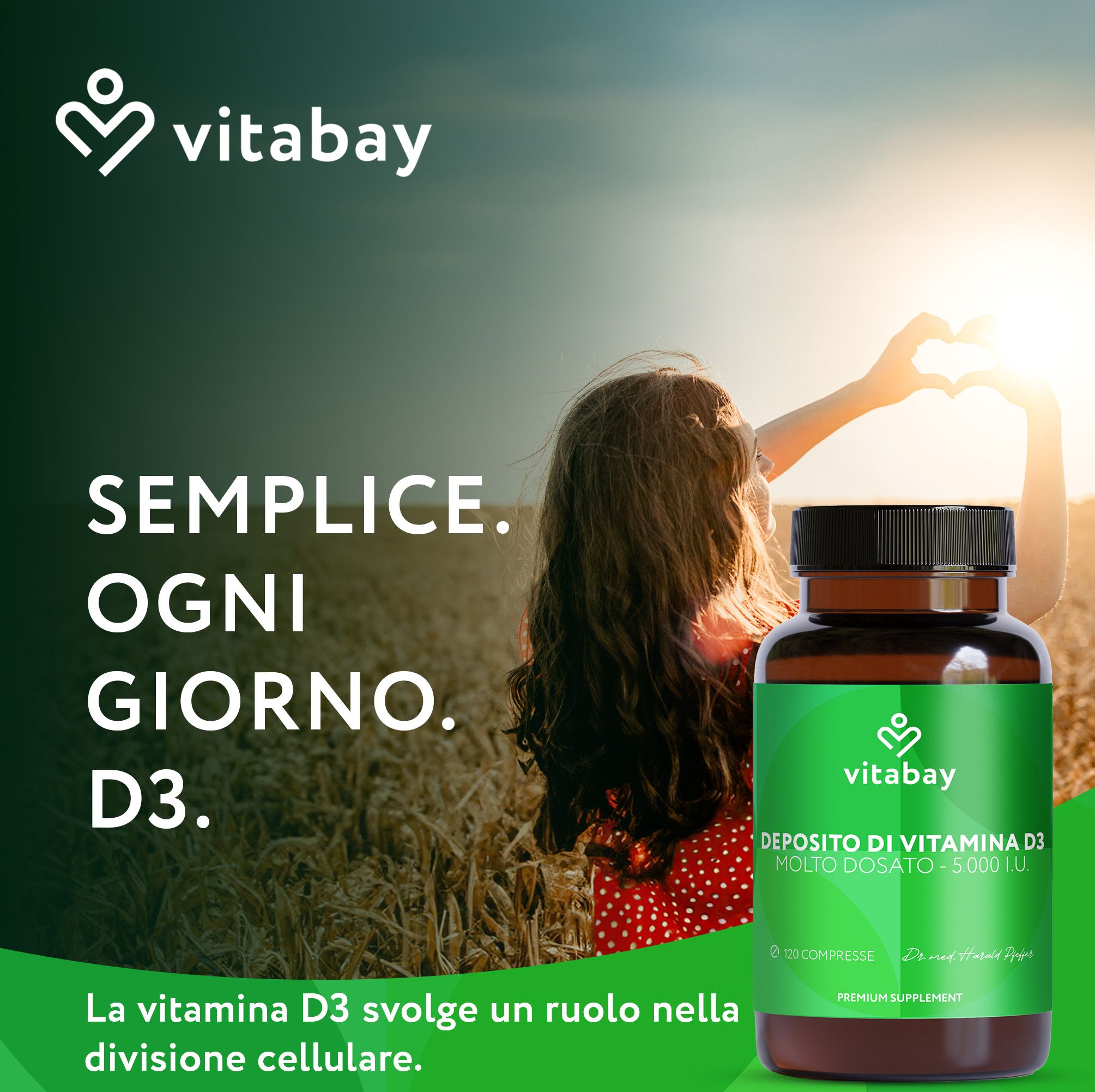 Donna in un campo con una bottiglia Vitabay Vitamina D3 Depot. Semplice. Ogni giorno. D3. Per la divisione cellulare.