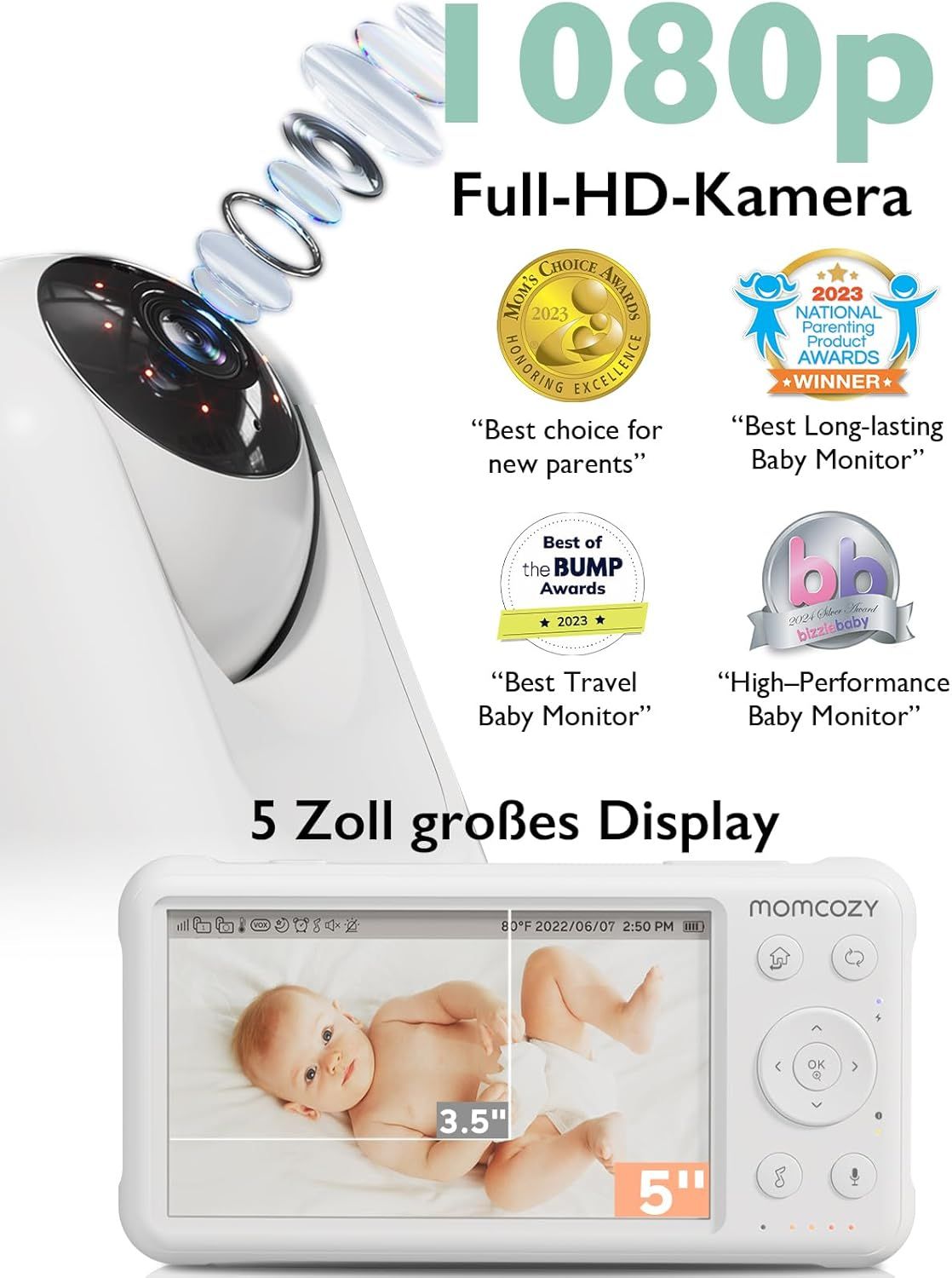 Baby monitor con telecamera Momcozy da 5 pollici con video HD 1080P