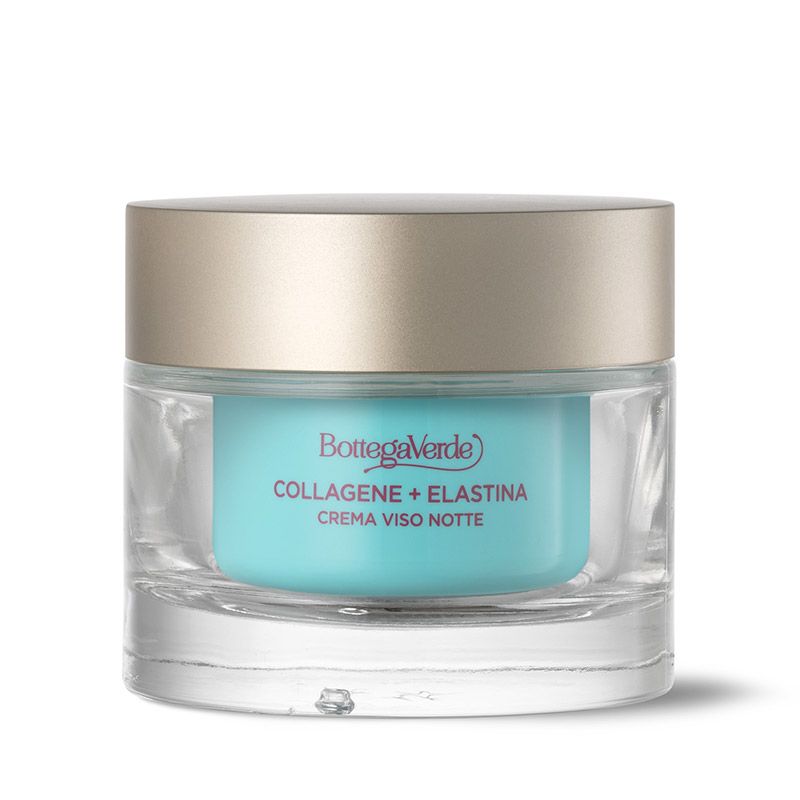 Vaso di crema con coperchio dorato. Scritta: Bottega Verde, Collagene + Elastina, Crema viso notte.