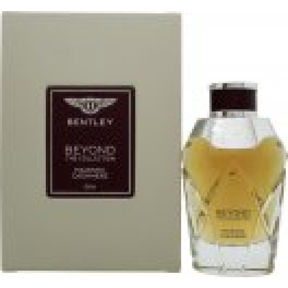 Bentley Majestic Cashmere Eau de Parfum Spray. Flacone con tappo marrone e liquido dorato. Confezione rettangolare con logo.