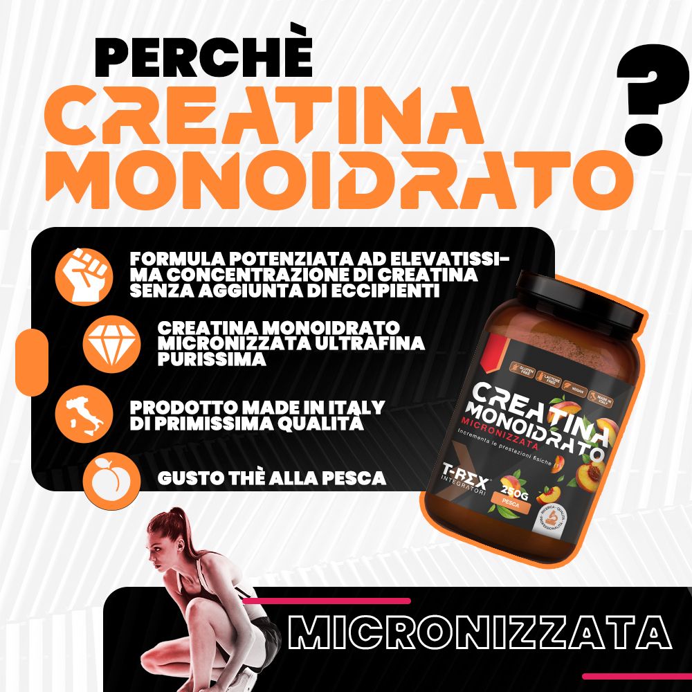 Confezione Creatina Monoidrato Micronizzata, gusto pesca. Donna che si allena. Testo in italiano.