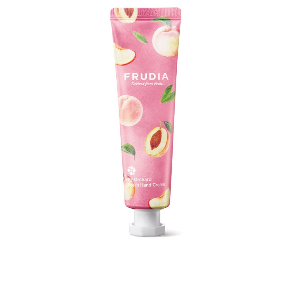 Tubo rosa con motivo pesca e scritta FRUDIA. Nome prodotto: My Orchard Peach Hand Cream. Chiusura bianca.