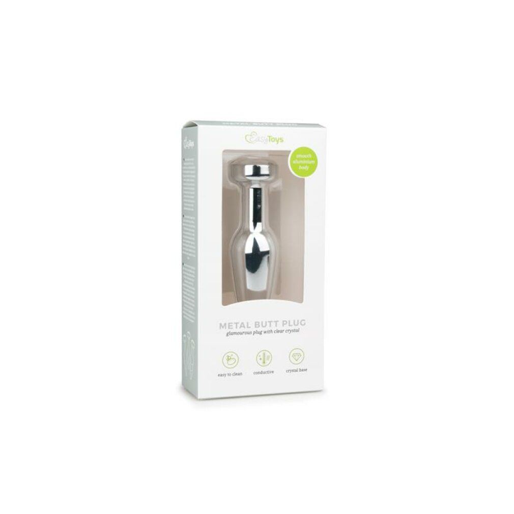Confezione per un plug anale in metallo. Scatola bianca con immagine e testo del prodotto. Marca: Easytoys.
