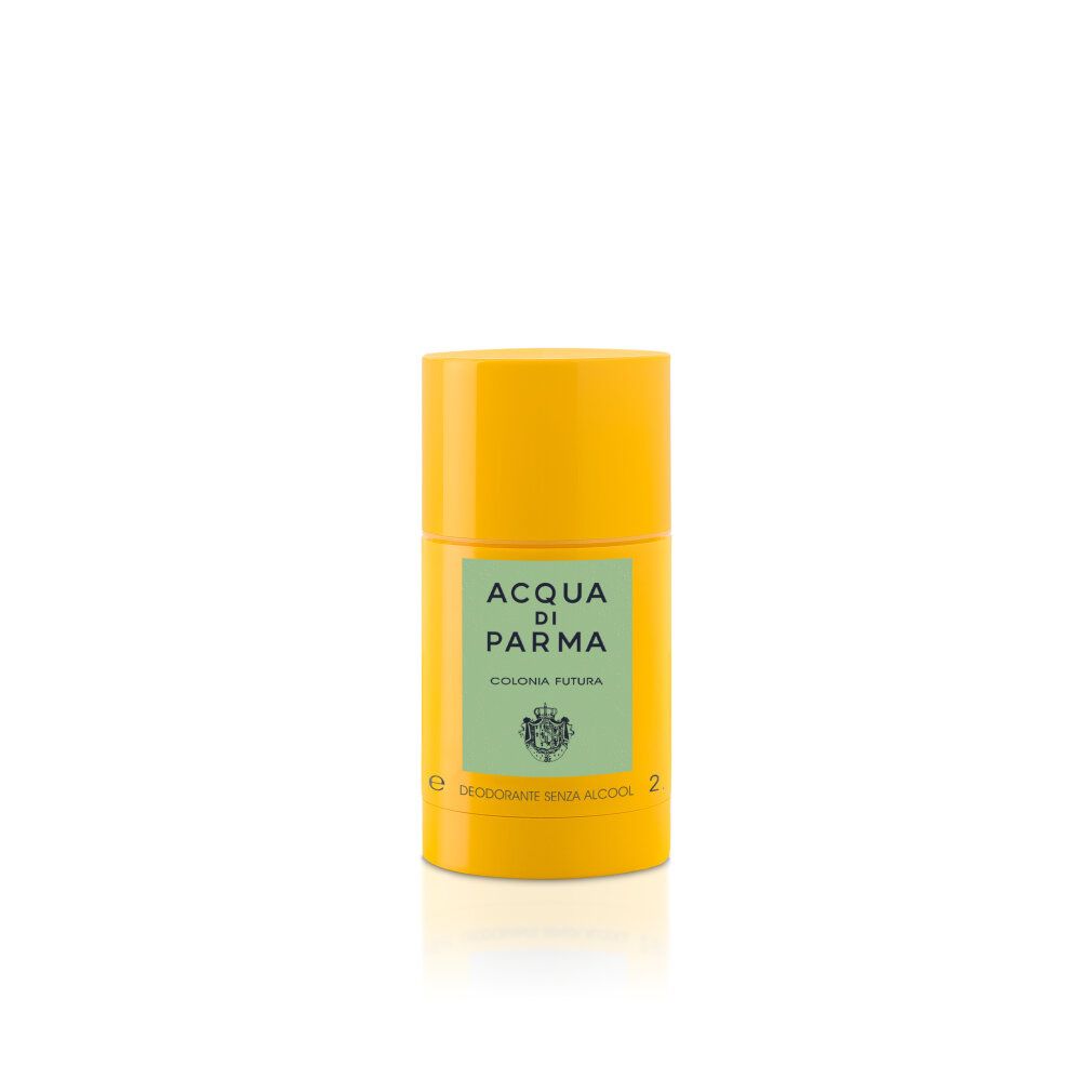 Stick deodorante giallo. Scritta: Acqua di Parma, Colonia Futura. Etichetta verde. Deodorante senza alcool.