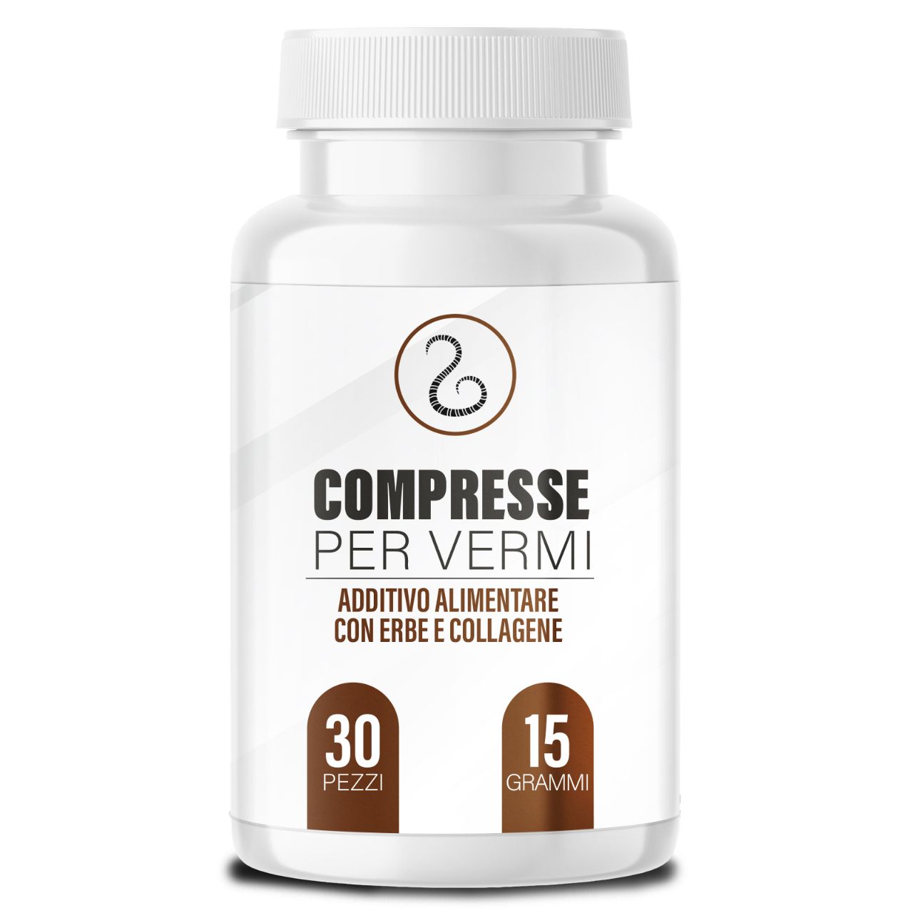 Flacone bianco con "COMPRESSE PER VERMI". 30 pezzi, 15 grammi. Integratore con erbe e collagene.