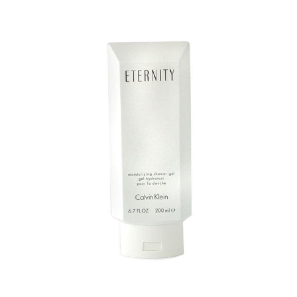 Gel doccia bianco in tubo ottagonale. Scritta: ETERNITY, Calvin Klein. Testo: moisturizing shower gel, gel hydratant pour la douche. 6.7 FL OZ, 200 ml e.