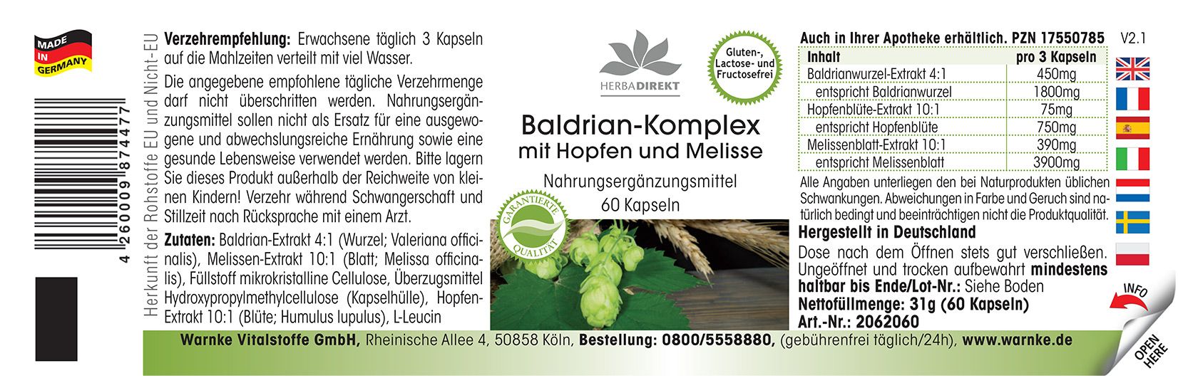 Etichetta con informazioni sul prodotto. Scritto: Baldrian-Komplex mit Hopfen und Melisse. 60 capsule. Ingredienti e dosaggio.