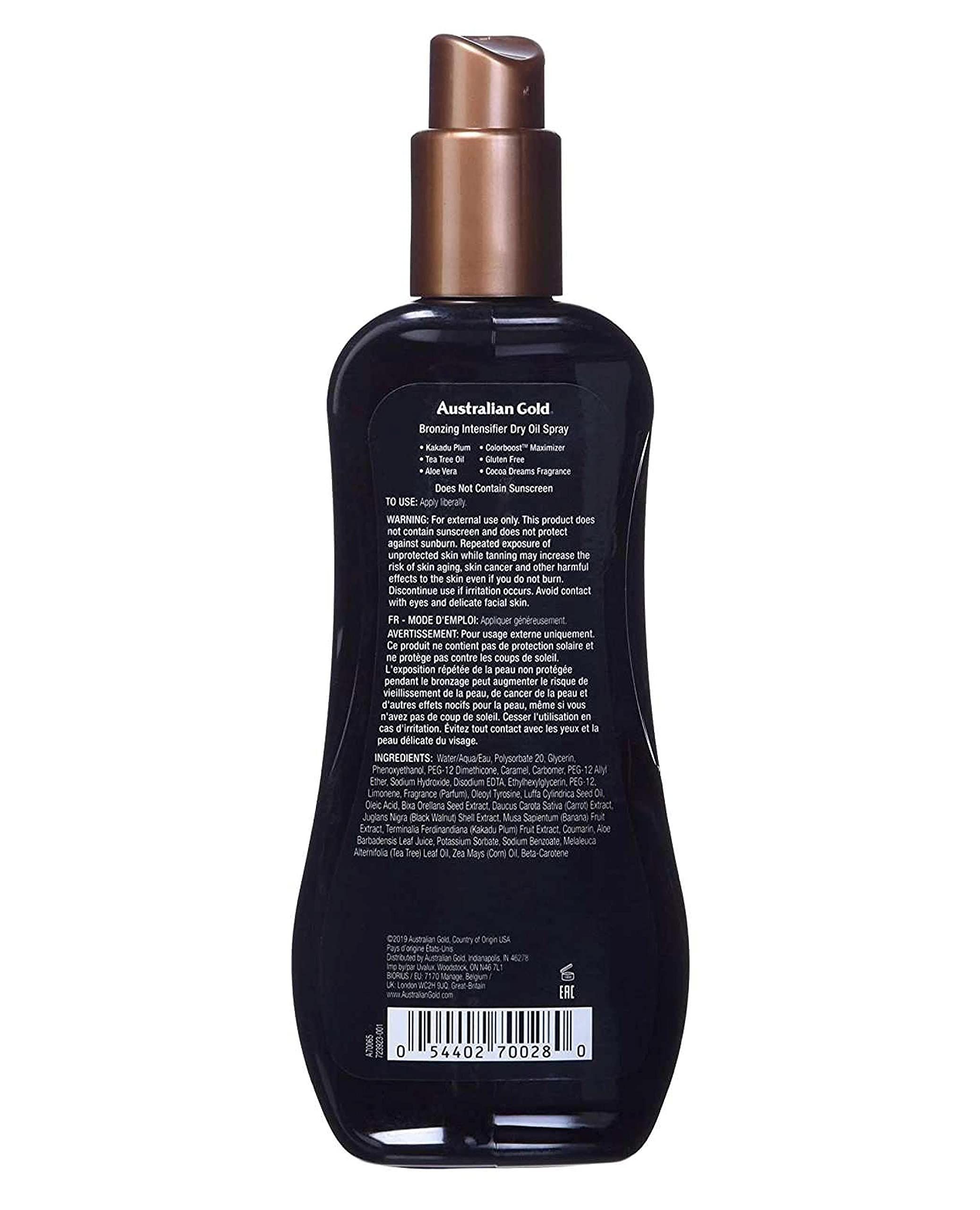 Retro di un flacone spray marrone. Testo: Australian Gold, avvertenze, ingredienti, 237 ml.