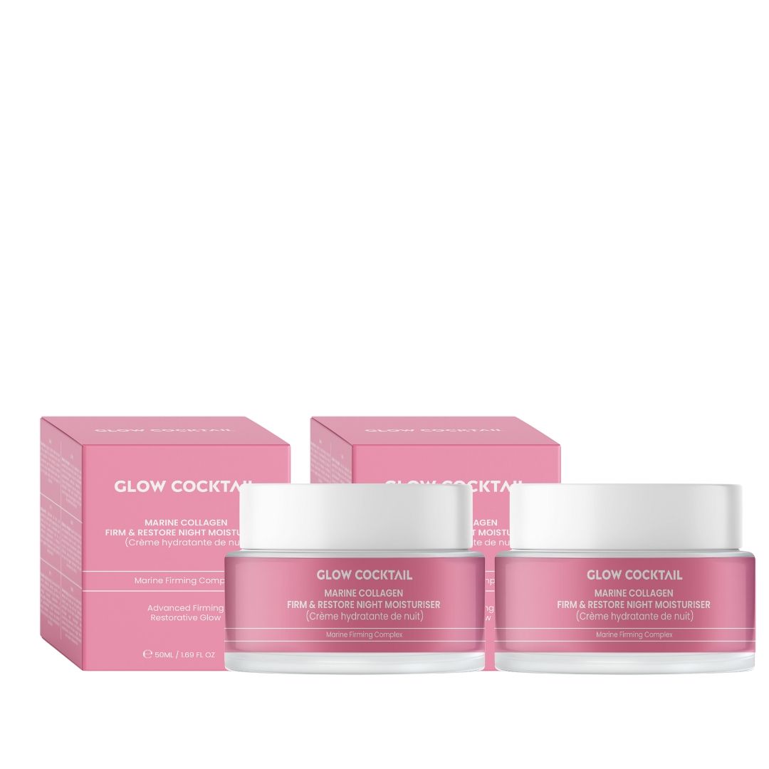 Due vasetti rosa con coperchi bianchi e scatole rosa. Scritta: Glow Cocktail Marine Collagen Firm & Restore Night Moisturiser.