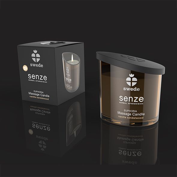 Candela da massaggio e confezione. Scritta: swede, senze, Euphoria, Massage Candle, vanilla sandalwood. Confezione nera.