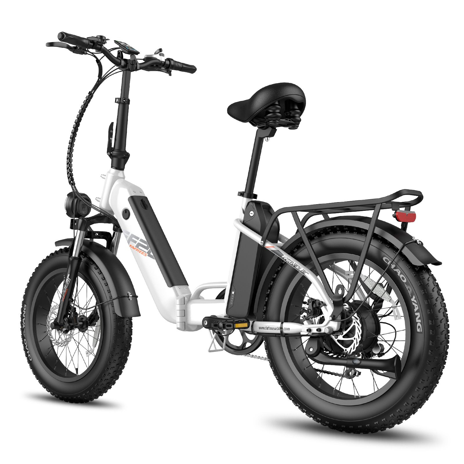 E-bike pieghevole bianca. Pneumatici neri, portapacchi. Logo F20 visibile. Sella e manubrio neri.