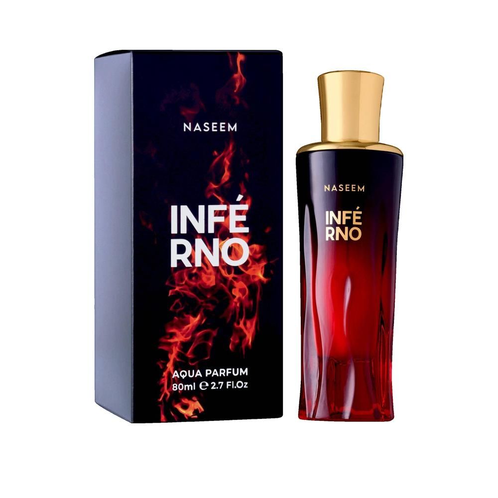 Flacone di profumo e scatola. Scatola nera con scritta Inferno rossa. Flacone sfumato rosso e tappo dorato.
