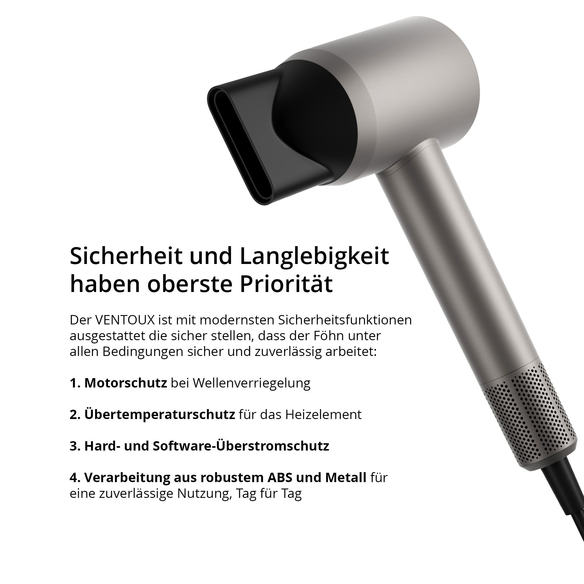 Asciugacapelli con testo. Testo: La sicurezza e la durata sono prioritarie. Vengono elencate 4 caratteristiche di sicurezza.