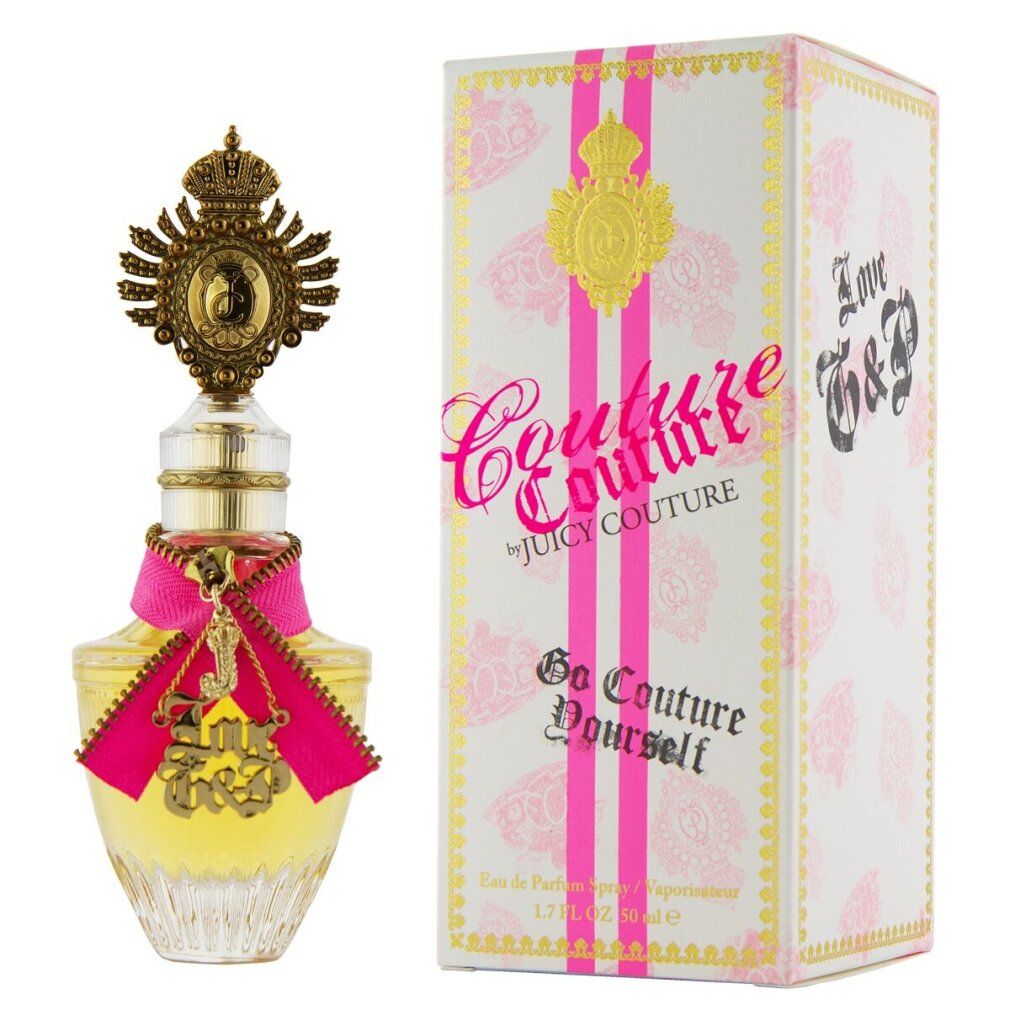 Flacone di profumo con tappo dorato e fiocco rosa. Confezione con nome e logo del prodotto.