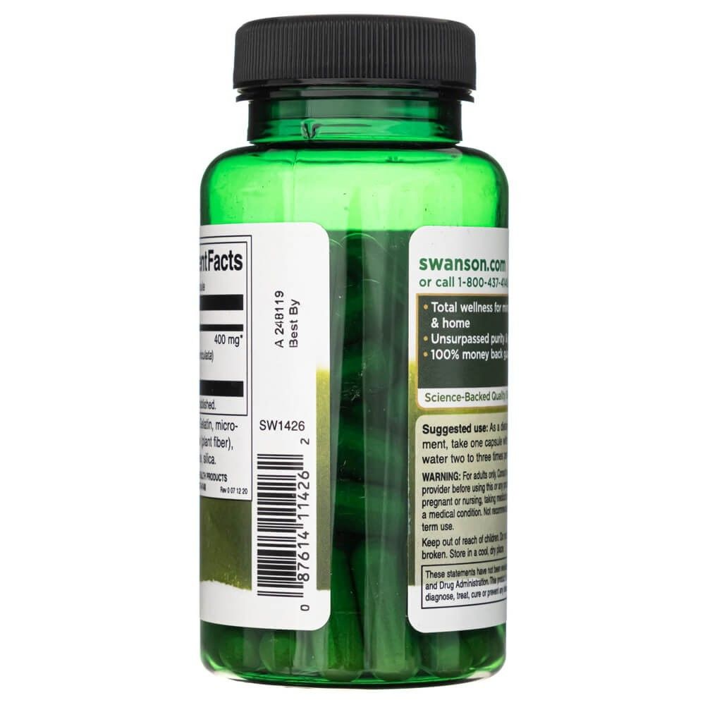 Vista laterale di una capsula verde: SWANSON Andrographis Paniculata, con codice a barre e istruzioni per l'uso.