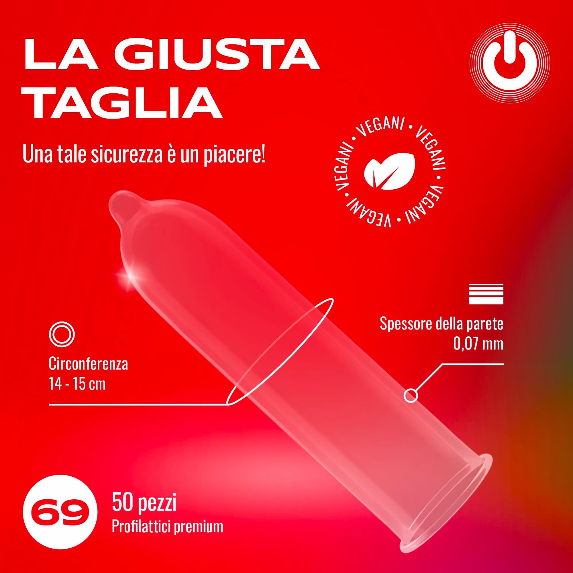 Un preservativo trasparente con serbatoio, misura 69 mm. Testo: "La giusta taglia".