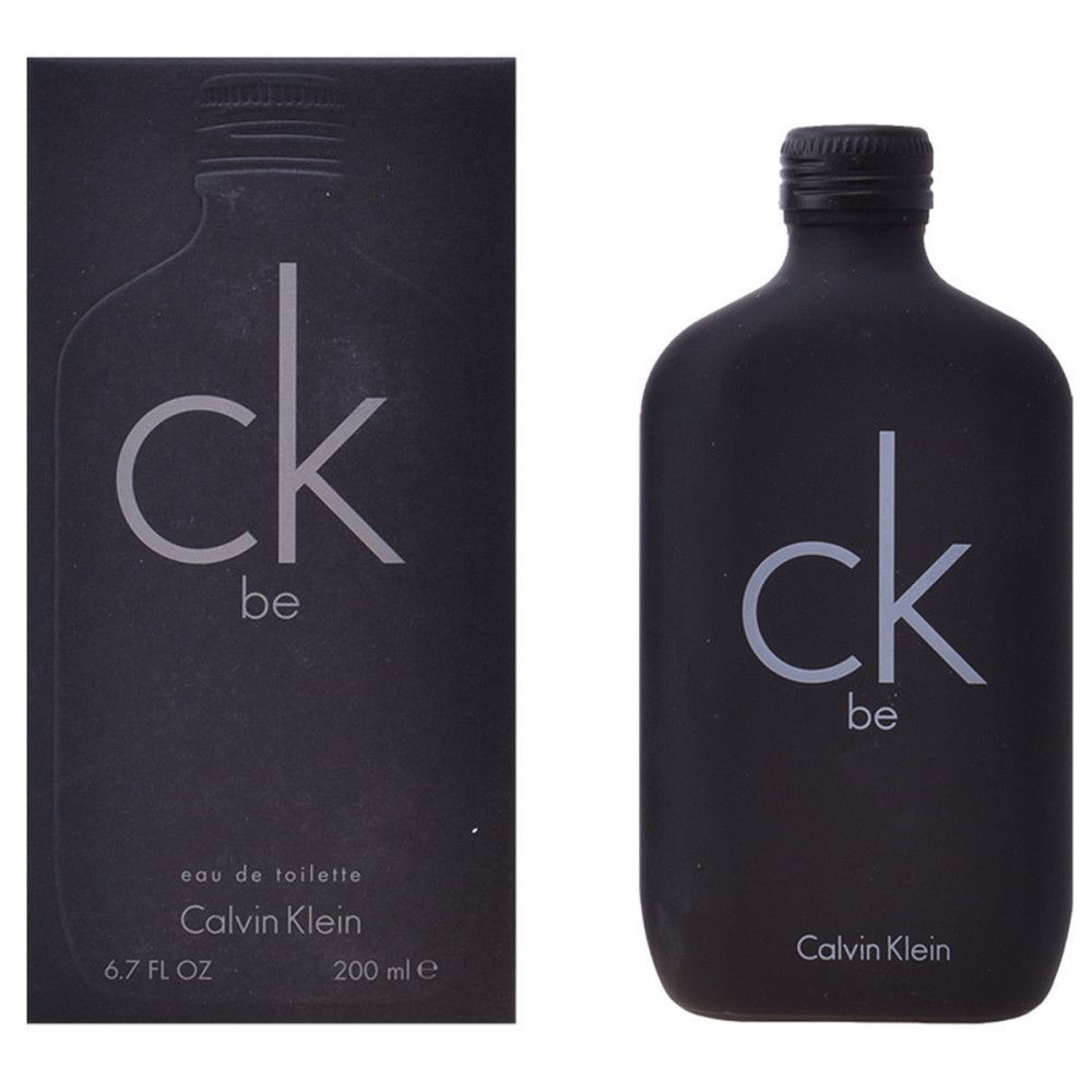 Flacone e confezione neri con scritta 'ck be' e 'Calvin Klein'. Flacone con tappo nero.