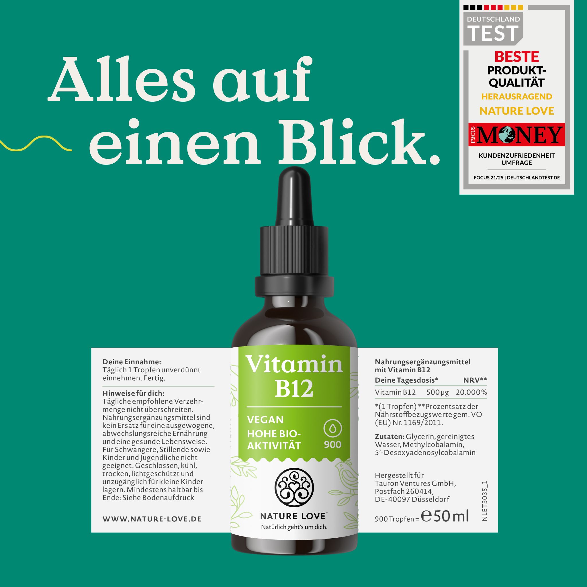 Flacone di NATURE LOVE Vitamina B12 con etichetta e foglietto illustrativo, 50ml.
